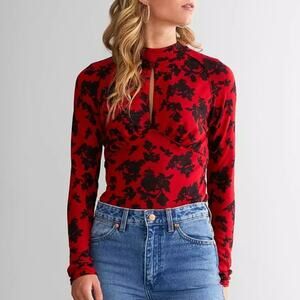 Free People Dinner Party Floral Top Red Black Victorian Keyhole Mock Neck Top XS